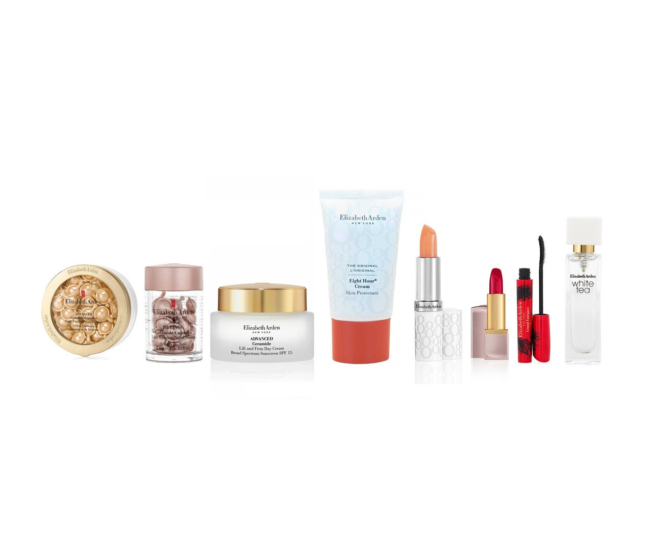 ELIZABETH ARDEN 9 PCS SET: ADVANCED CERAMIDE 60 CAPSULES + RETINOL CERAMIDE 30 CAPSULES + ADVANCED CERAMIDE 1.7 CREAM + 0.5 SKIN CREAM + 0.37 LIP CREAM + 0.14 LIPSTICK RED DOOR 019 + 0.3 MASCARA + WHITE TEA 0.33 EDT SP + HAND BAG