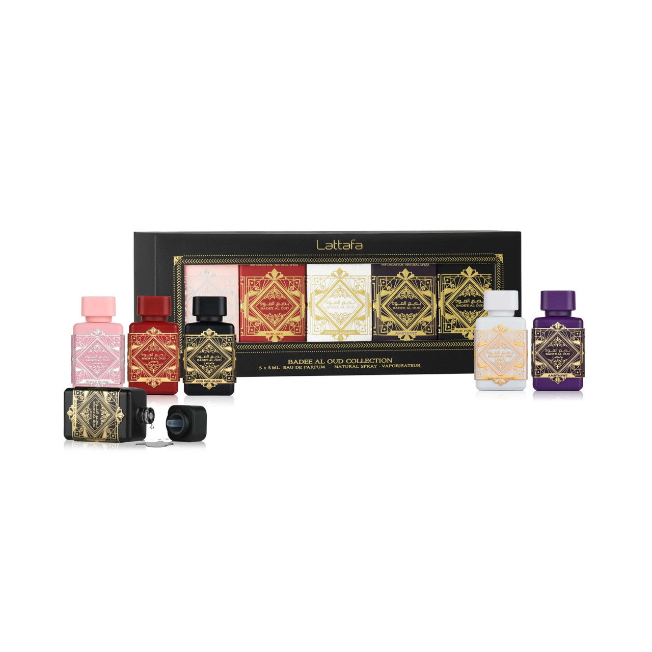 LATTAFA BADE'E AL OUD 5 * 5 ML EAU DE PARFUM MINI SET: NOBLE BLUSH + SUBLIME + HONOR & GLORY + AMETHYST + OUD FOR GLORY