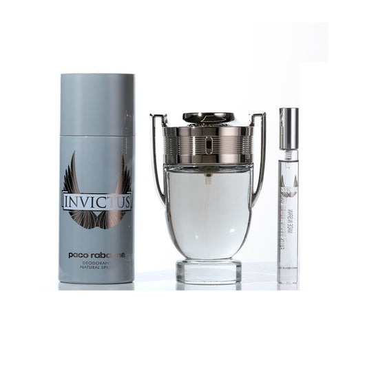 PACO RABANNE INVICTUS 3 PCS SET FOR MEN: 3.4 EAU DE TOILETTE SPRAY + 0.34 EAU DE TOILETTE SPRAY + 5.1 DEODORANT SPRAY