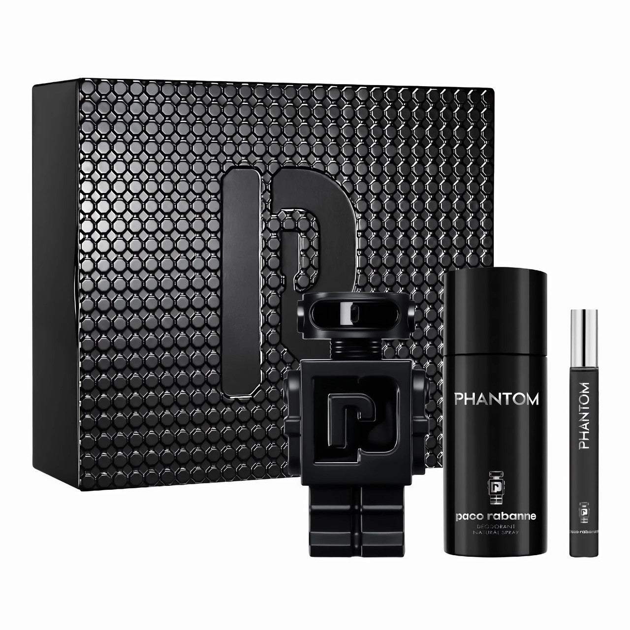 PACO RABANNE PHANTOM PARFUM 3 PCS SET FOR MEN: 3.4 PARFUM SPRAY + 0.33 OZ PARFUM SPRAY + 150ML DEODORANT SPRAY