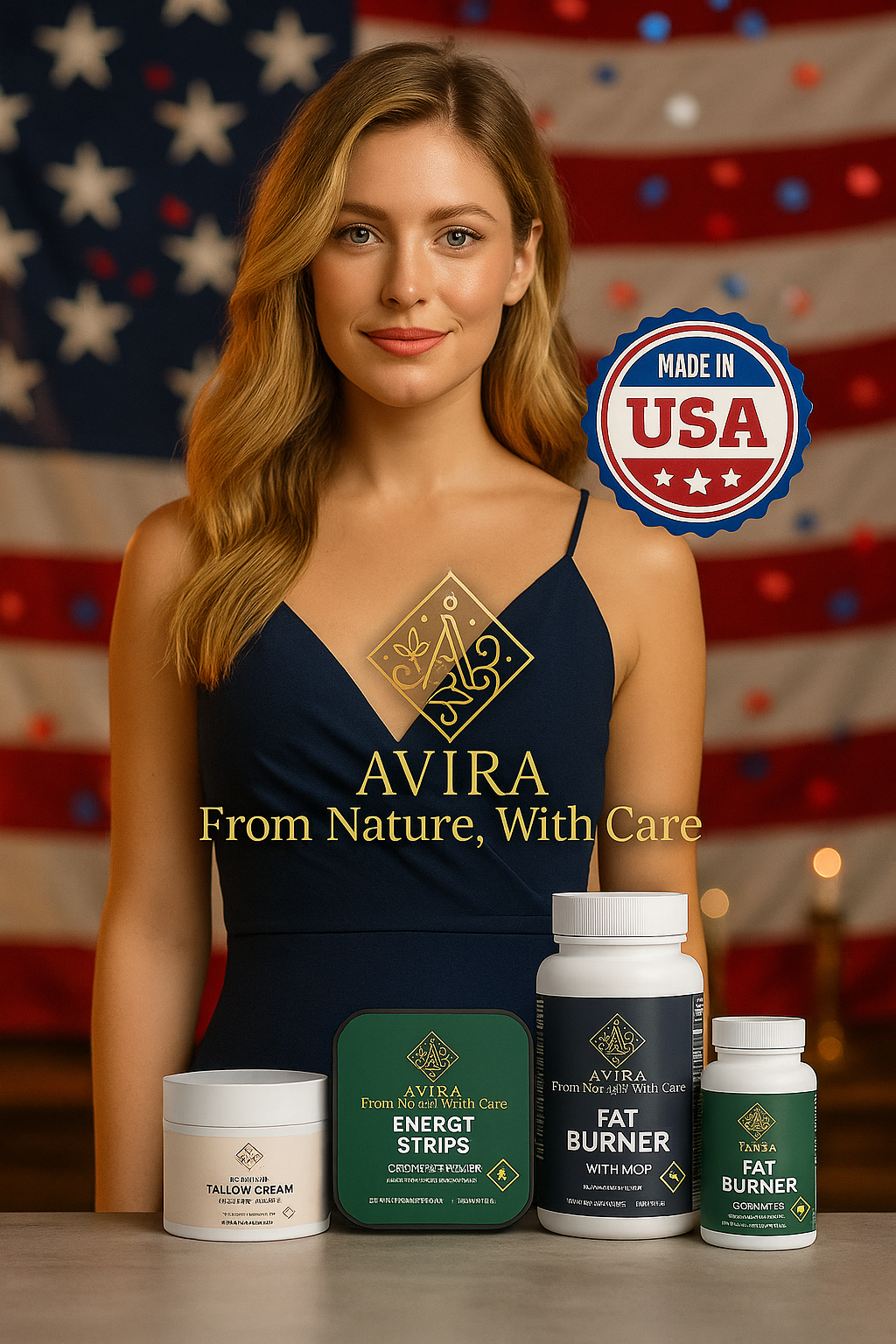 Avira Made in USA collection—supplements, gym fuel, skin care, and spa products crafted in the United States
