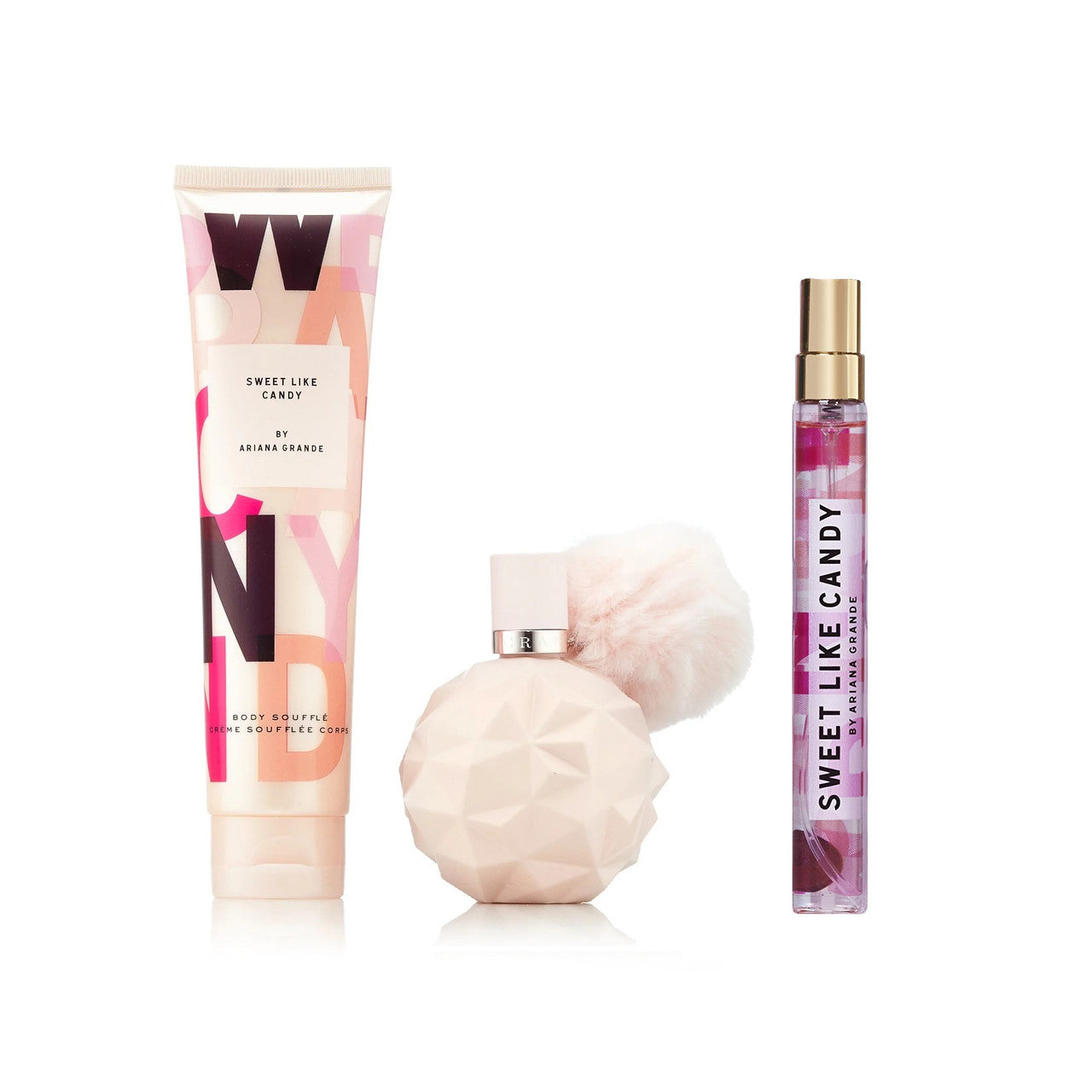 ARIANA GRANDE SWEET LIKE CANDY 3 PCS SET FOR WOMEN: 1.7 EAU DE PARFUM SPRAY + 0.33 EAU DE PARFUM SPRAY + 3.4 BODY SOUFFLE