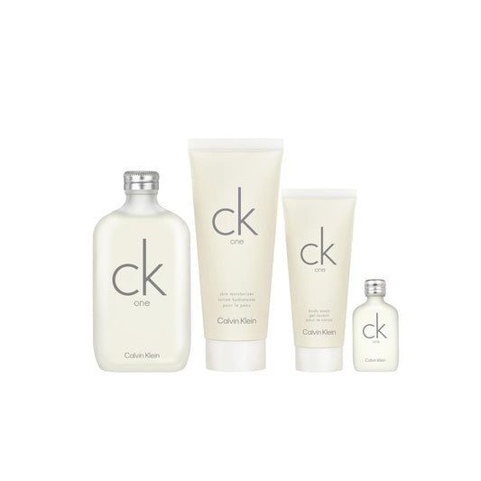 CK ONE 4 PCS SET FOR MEN: 6.7 EAU DE TOILETTE SPRAY + 15 ML EAU DE TOILETTE MINI + 6.7 SKIN MOISTURIZER + 3.3 BODY WASH