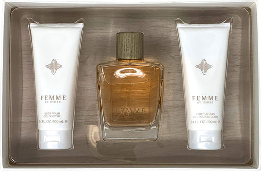 USHER FEMME 3 PCS SET: 3.4 EAU DE PARFUM SPRAY + 3.4 SHOWER GEL + 3.4 BODY LOTION