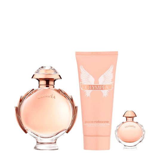 PACO RABANNE OLYMPEA 3 PCS SET FOR WOMEN: 2.7 EAU DE PARFUM SPRAY + 3.4 BODY LOTION + 6 ML EAU DE PARFUM MINI.