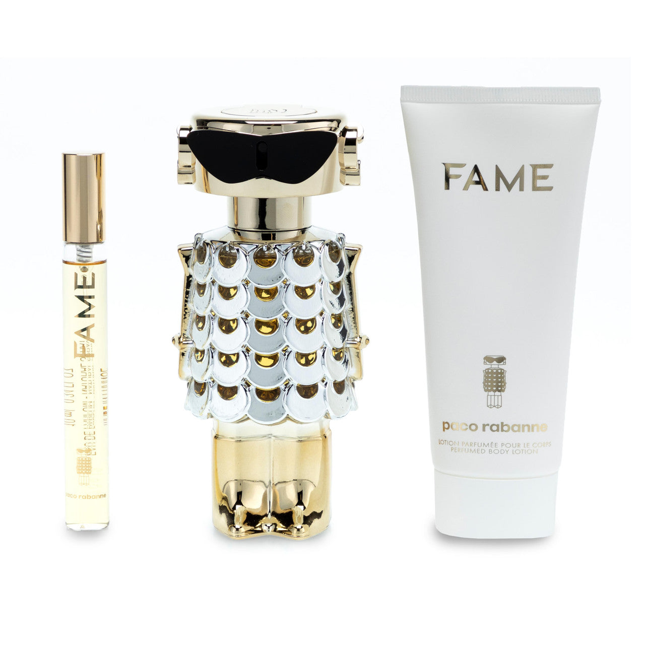 PACO RABANNE FAME 3 PCS SET FOR WOMEN: 2.7 EAU DE PARFUM SPRAY + 0.33 EAU DE PARFUM SPRAY + 3.4 BODY LOTION