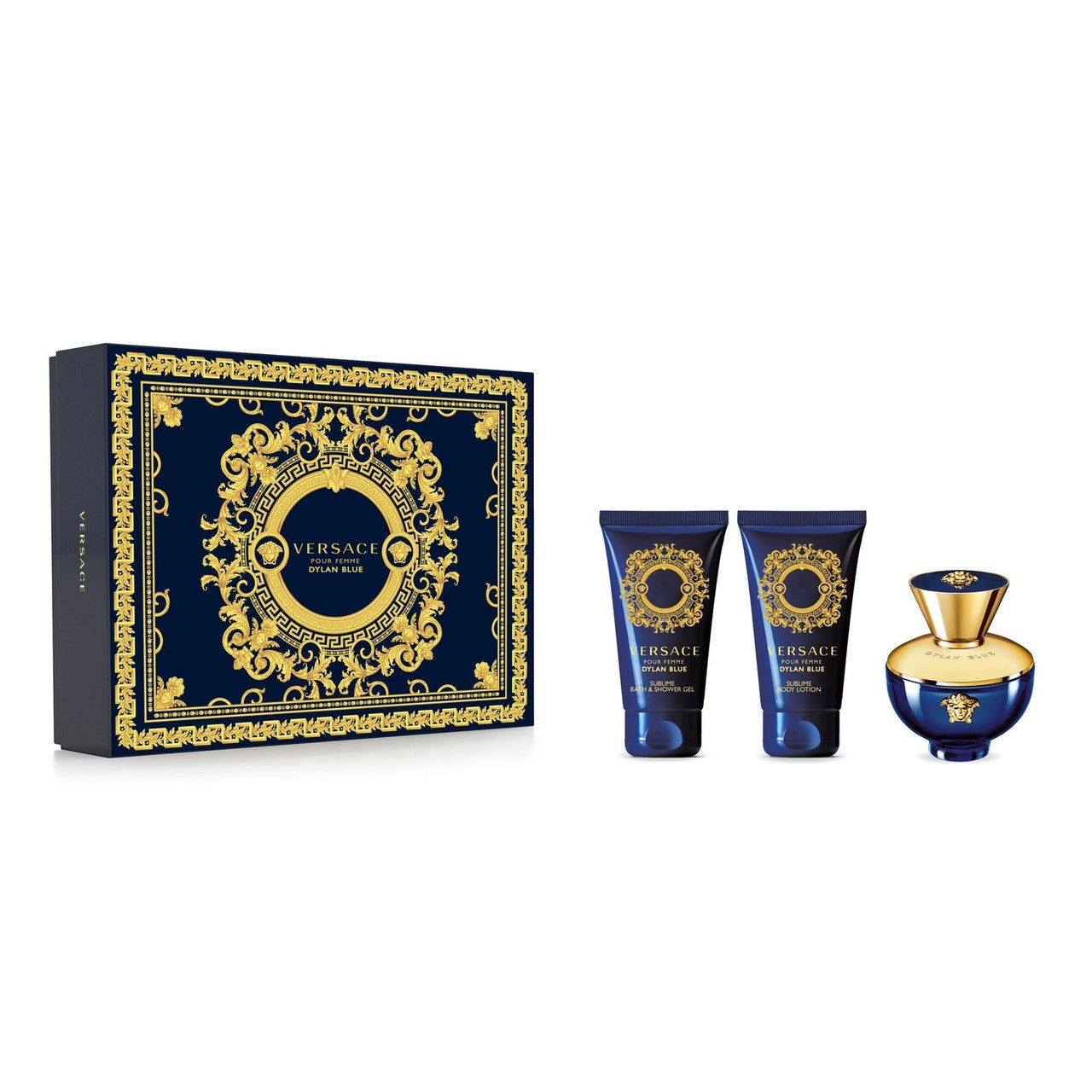 VERSACE DYLAN BLUE 3 PCS SET FOR WOMEN: 1.7 EAU DE PARFUM SPRAY + 1.7 BATH & SHOWER GEL + 1.7 BODY LOTION