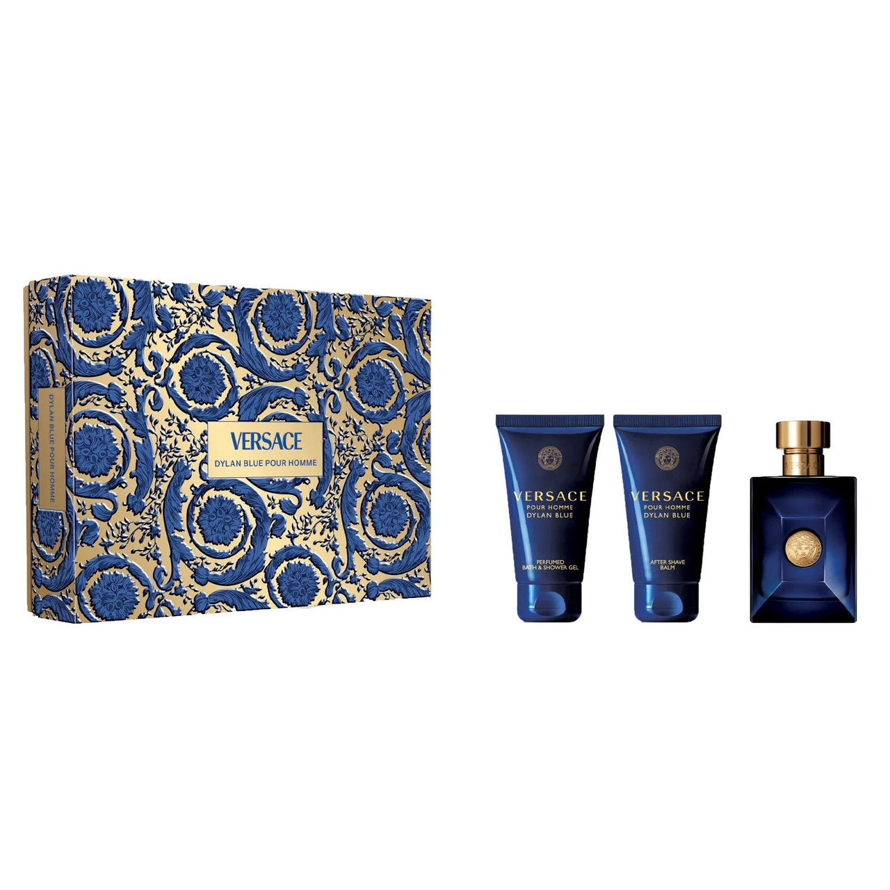 VERSACE DYLAN BLUE 3 PCS SET FOR MEN: 1.7 EAU DE TOILETTE SPRAY + 1.7 BATH AND SHOWER GEL + 1.7 AFTER SHAVE BALM